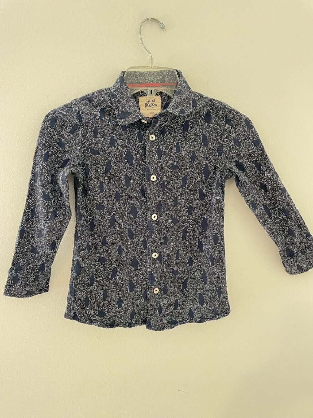 Mini Boden Boys 7-8 L/S button down shirt Penguins/Polka dots, Navy/ Cotton